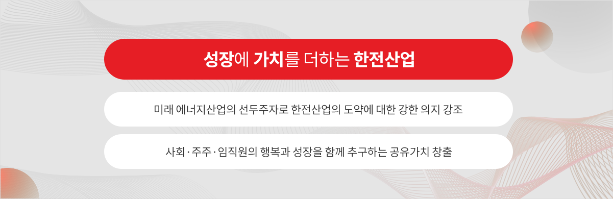 성장에 가치를 더하는 한전산업, 미래 에너지산업의 선두주자로 한전산업의 도약에 대한 강한 의지 강조, 사회·주주·임직원의 행복과 성장을 함께 추구하는 공유가치 창출