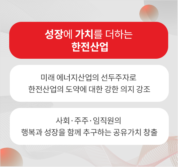 성장에 가치를 더하는 한전산업, 미래 에너지산업의 선두주자로 한전산업의 도약에 대한 강한 의지 강조, 사회·주주·임직원의 행복과 성장을 함께 추구하는 공유가치 창출