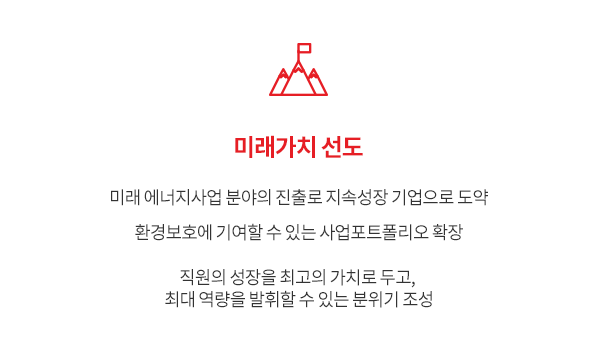 미래가치 선도 - 미래 에너지사업 분야의 진출로 지속성장 기업으로 도약 환경보호에 기여할 수 있는 사업포트폴리오 확장 직원의 성장을 최고의 가치로 두고, 최대 역량을 발휘할 수 있는 분위기 조성